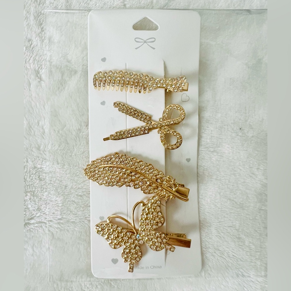 Gold Rhinestone Hair Clip 4 Piece Set ~ New